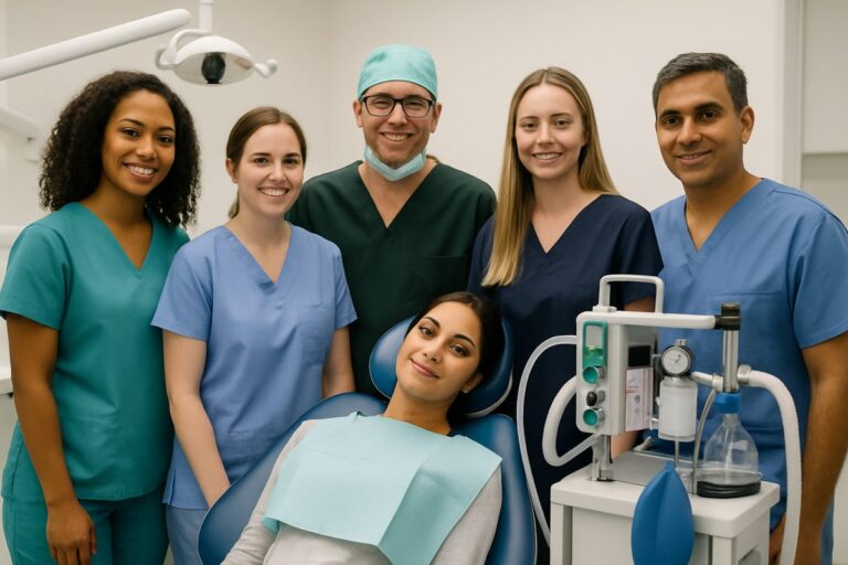 Image of a diverse and inclusive group of dental staff and an anesthesiologist gathered around a patient in a dental office setting, showcasing a mobile dental anesthesia setup. The scene should convey professionalism, safety, and comfort, with modern equipment visible. No text on the image.