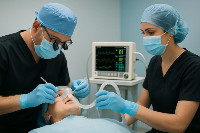 Image of a dentist and anesthesiologist working together on a patient during a dental procedure. The anesthesiologist is monitoring the patient's vitals with advanced equipment. No text on image.