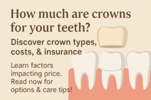 A dentist is consulting with a patient, using a model of teeth to explain the crown procedure and different material options. No text on the image.