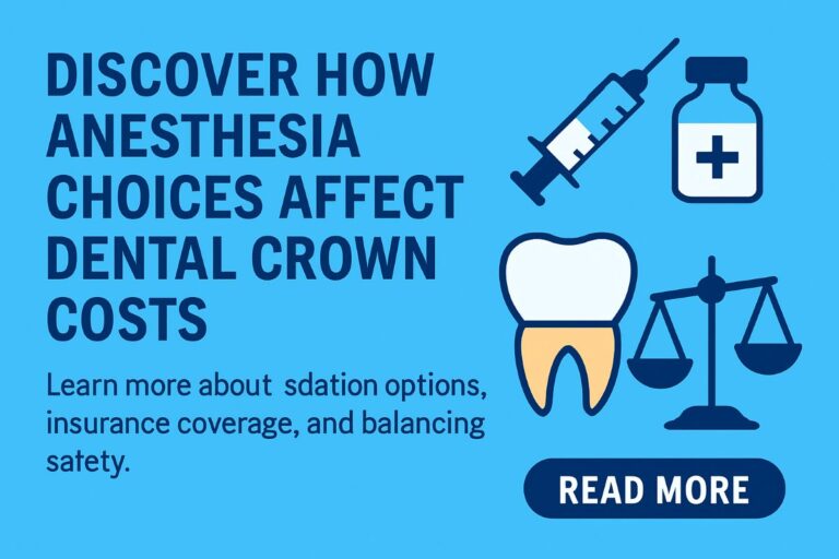 A dentist speaking with a patient in a dental chair about anesthesia options for their upcoming crown procedure, while pointing to a pamphlet.