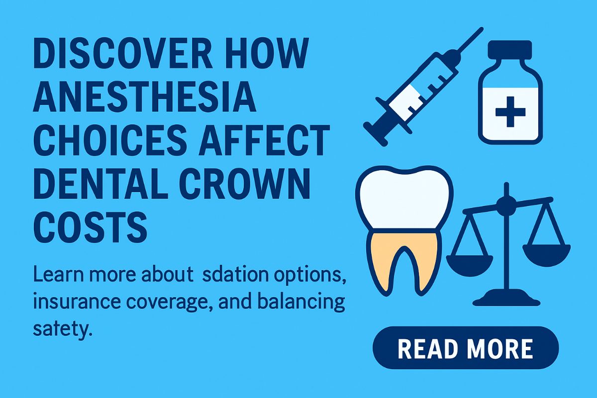 A dentist speaking with a patient in a dental chair about anesthesia options for their upcoming crown procedure, while pointing to a pamphlet.