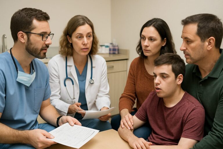 A dentist and anesthesiologist consult with the family of a special needs patient, discussing anesthesia options and reviewing medical records. No text on the image.