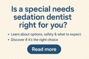 A compassionate dentist gently attending to a child patient with special needs in a brightly lit, friendly dental office. No text on the image.