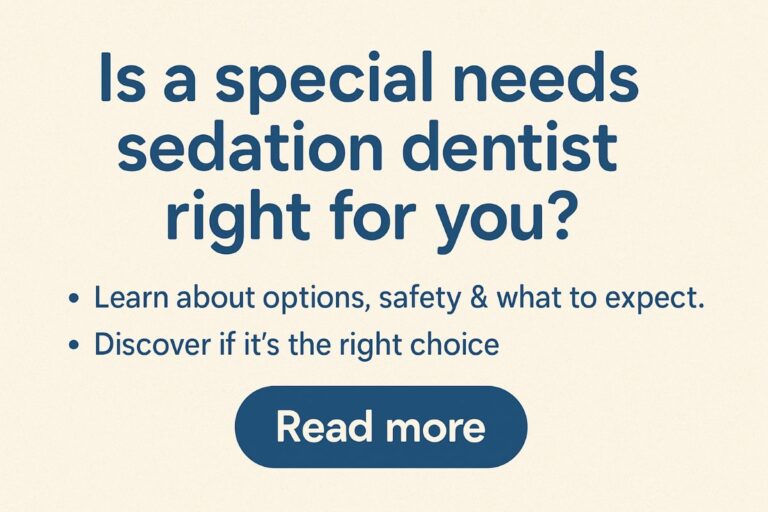 A compassionate dentist gently attending to a child patient with special needs in a brightly lit, friendly dental office. No text on the image.