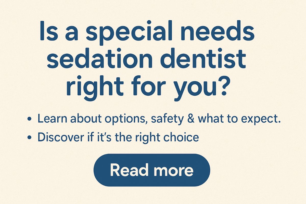 A compassionate dentist gently attending to a child patient with special needs in a brightly lit, friendly dental office. No text on the image.