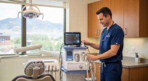 Professional setting with anesthesiologist preparing mobile dental anesthesia equipment.