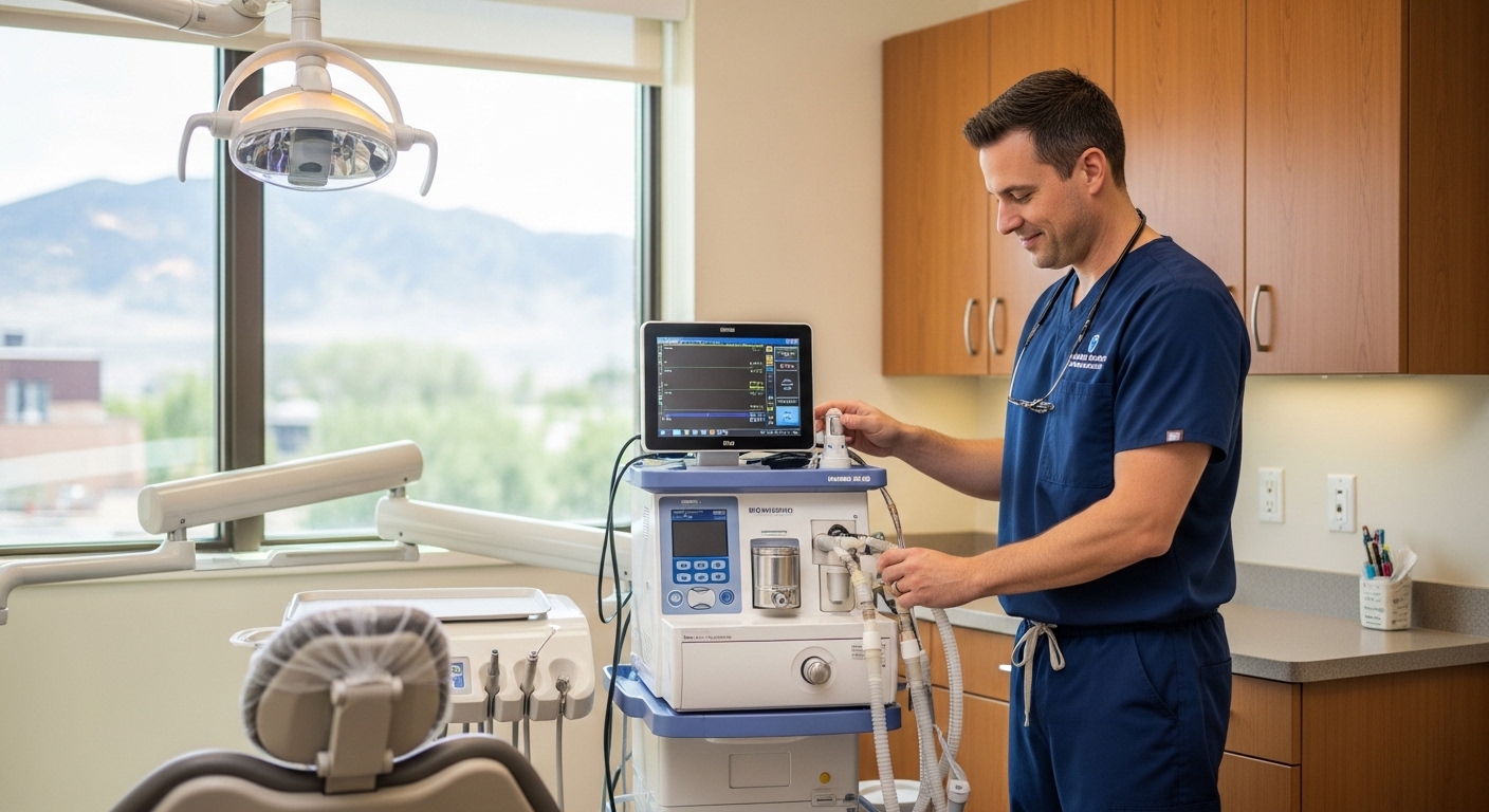 Professional setting with anesthesiologist preparing mobile dental anesthesia equipment.