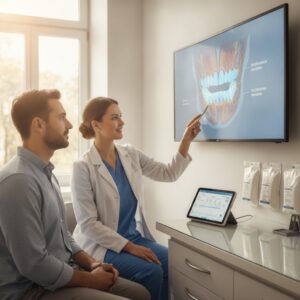 Dentist consulting patient with advanced technology in a professional setting