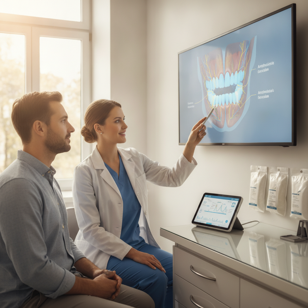 Dentist consulting patient with advanced technology in a professional setting