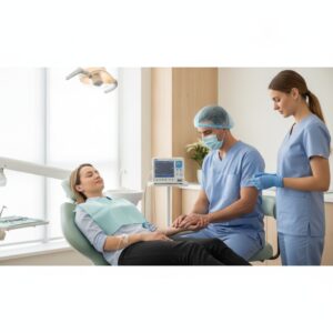 Patient in dental chair receiving IV sedation in a modern clinic